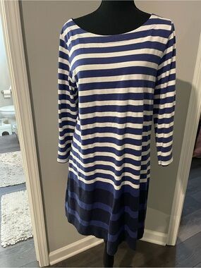 Banana Republic Navy and White Striped Long-Sleeve Dress